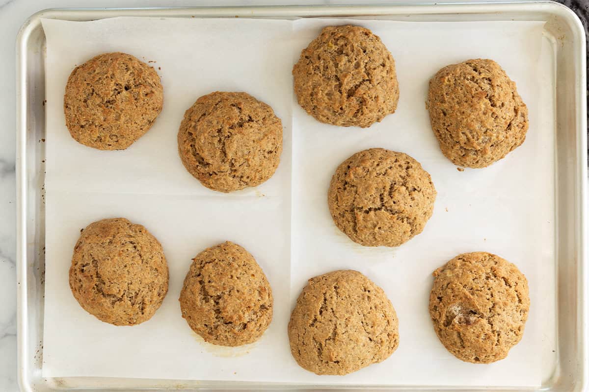 Banana scones on baking sheet after baking.