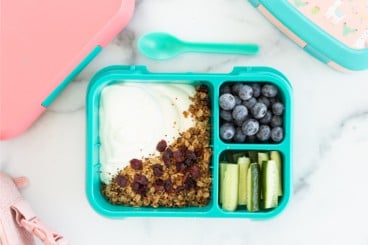 yogurt and granola in teal lunchbox.