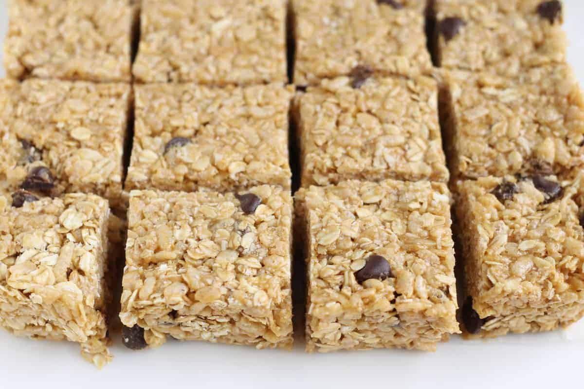 close up of no bake granola bars on cutting board