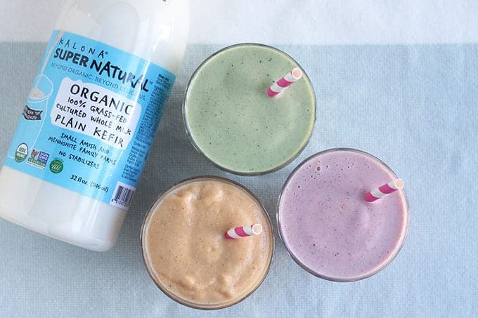 kalona kefir bottle with three smoothies