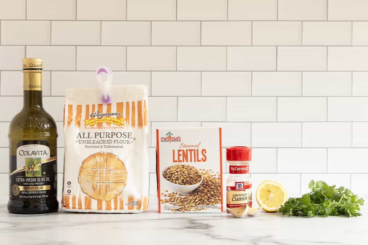 Ingredients for lentil falafel on countertop.