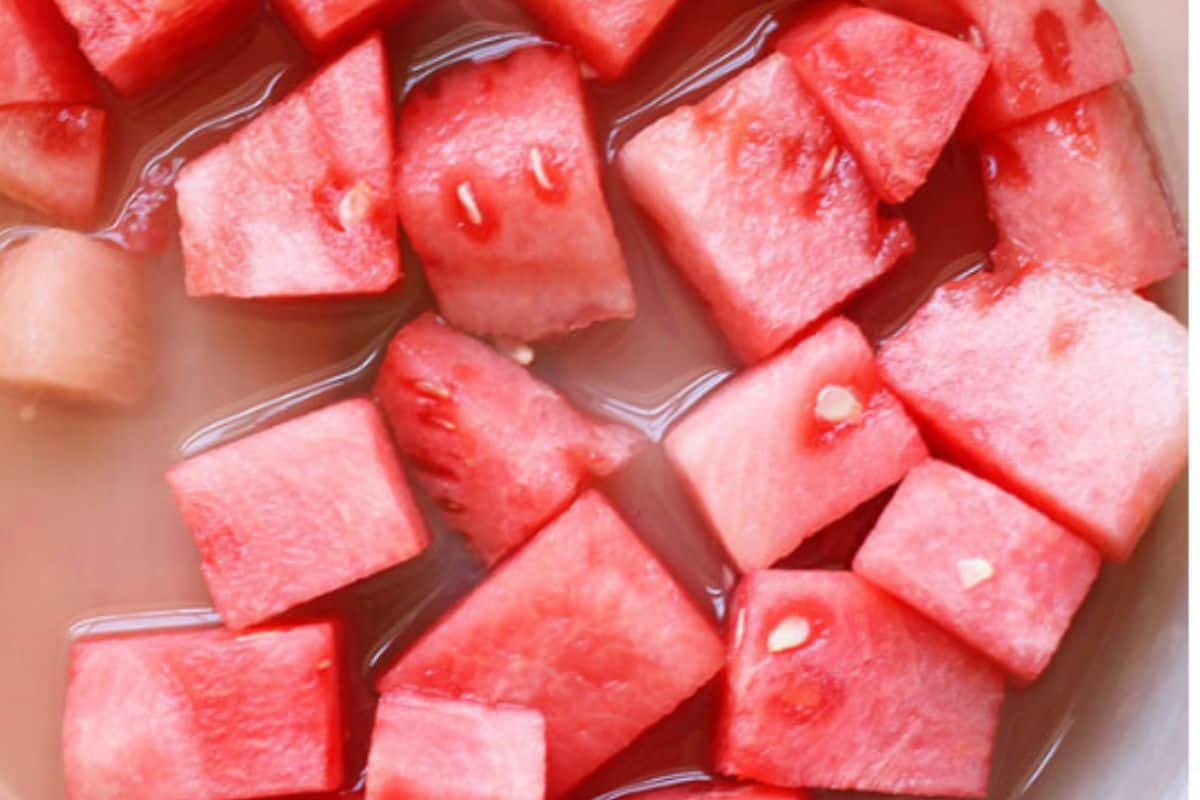 Watermelon cut into cubes for watermelon juice. 