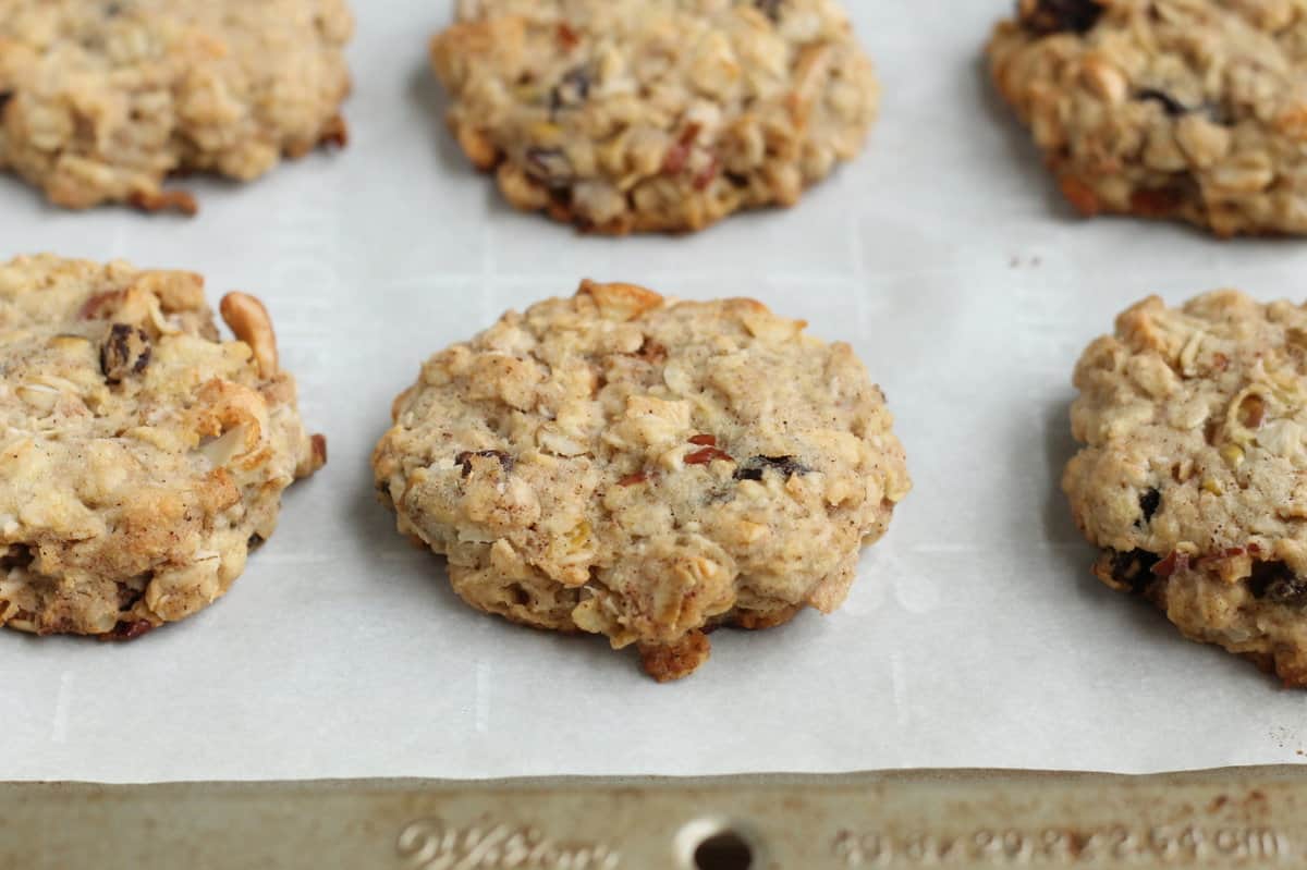 Apple cookies on baking sheet after baking.