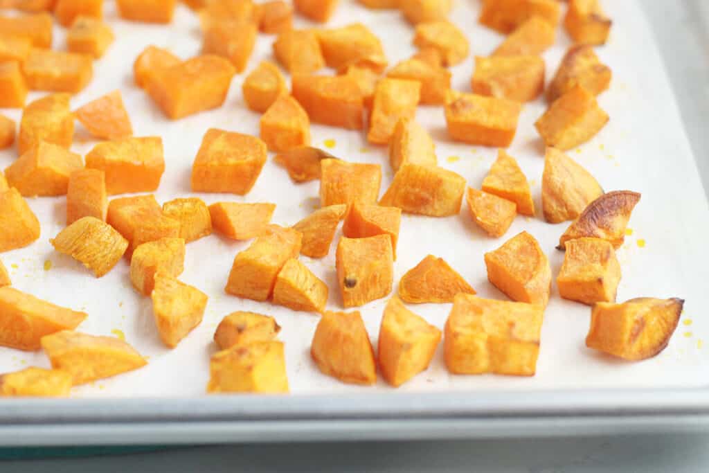 pan of roasted sweet potato cubes