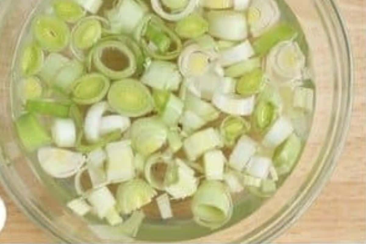 Leeks in water for broccoli cheddar soup. 