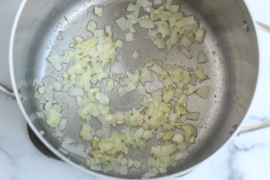 Onion in pot for minestrone soup.