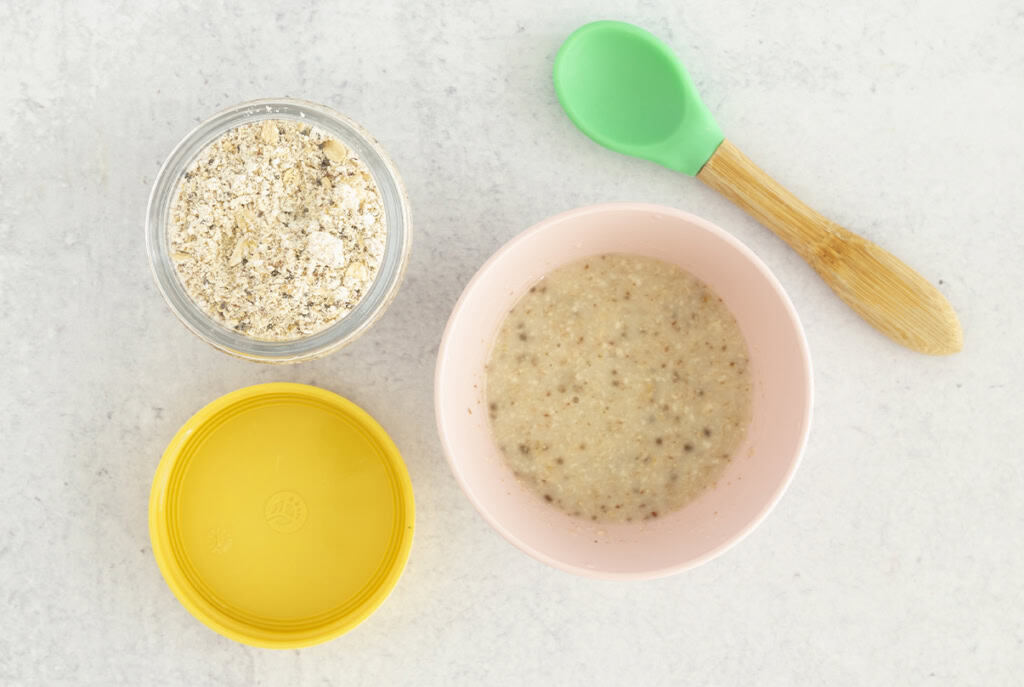 assembling instant baby porridge in bowls.