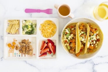 turkey sweet potato tacos on plate with deconstructed kids taco on kids plate with fork on side