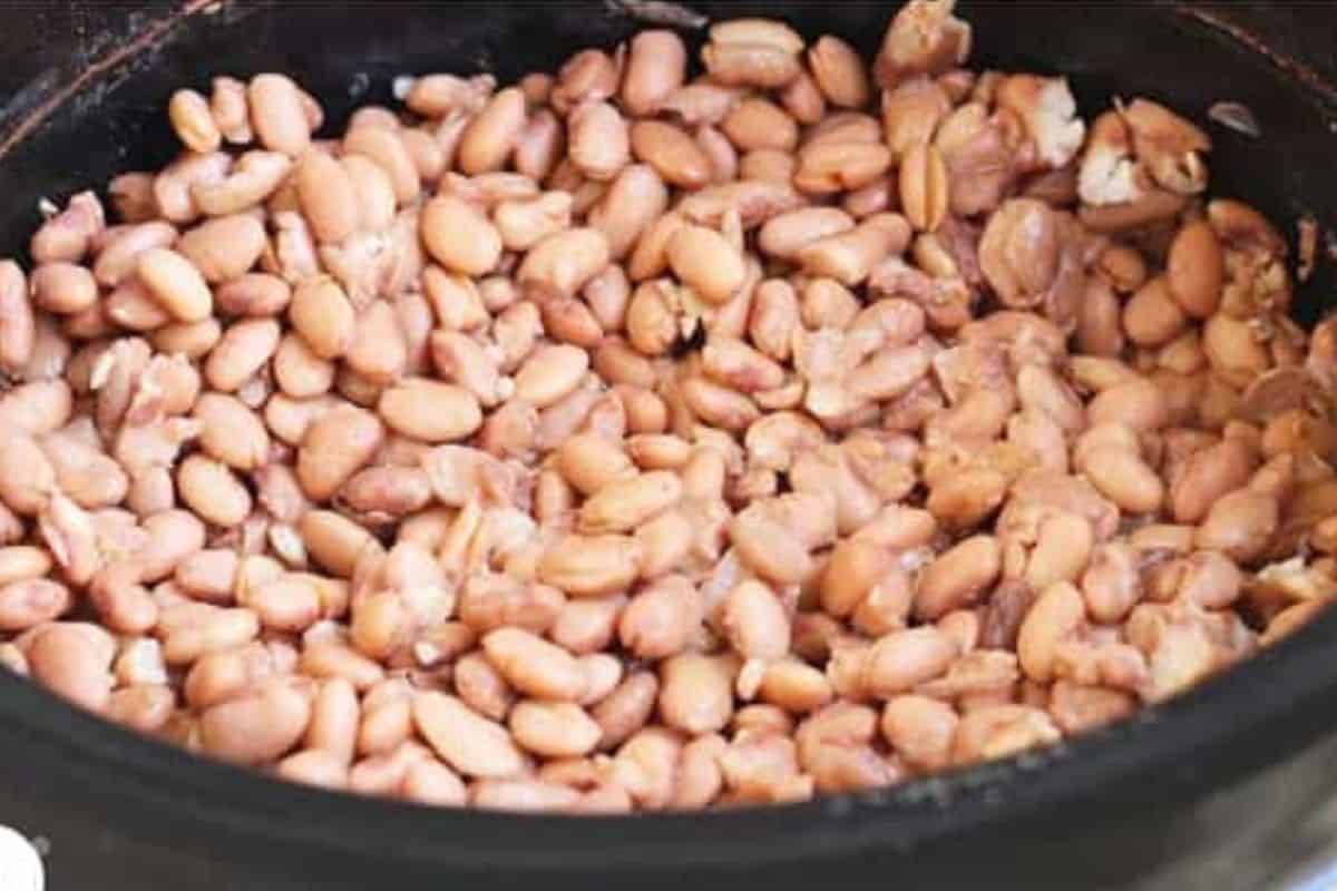 Beans in crockpot after cooking with water removed for refried beans.