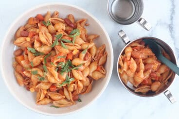 chili mac in bowls on countertop.