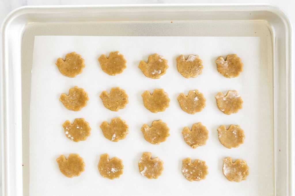 Thanksgiving cookies on baking tray before baking.