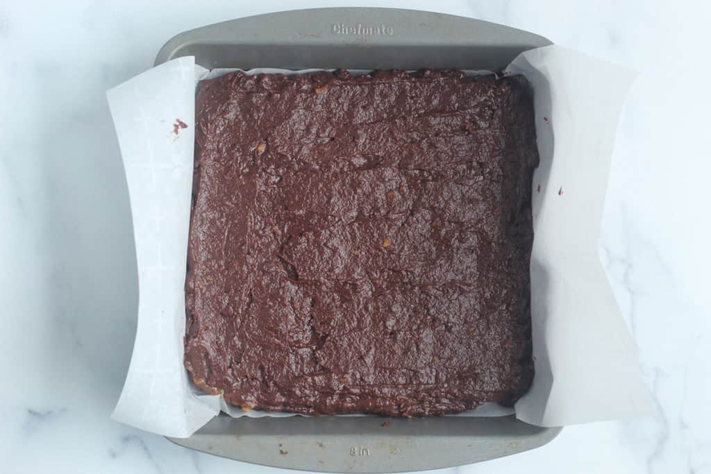 Sweet potato brownies in pan before baking.