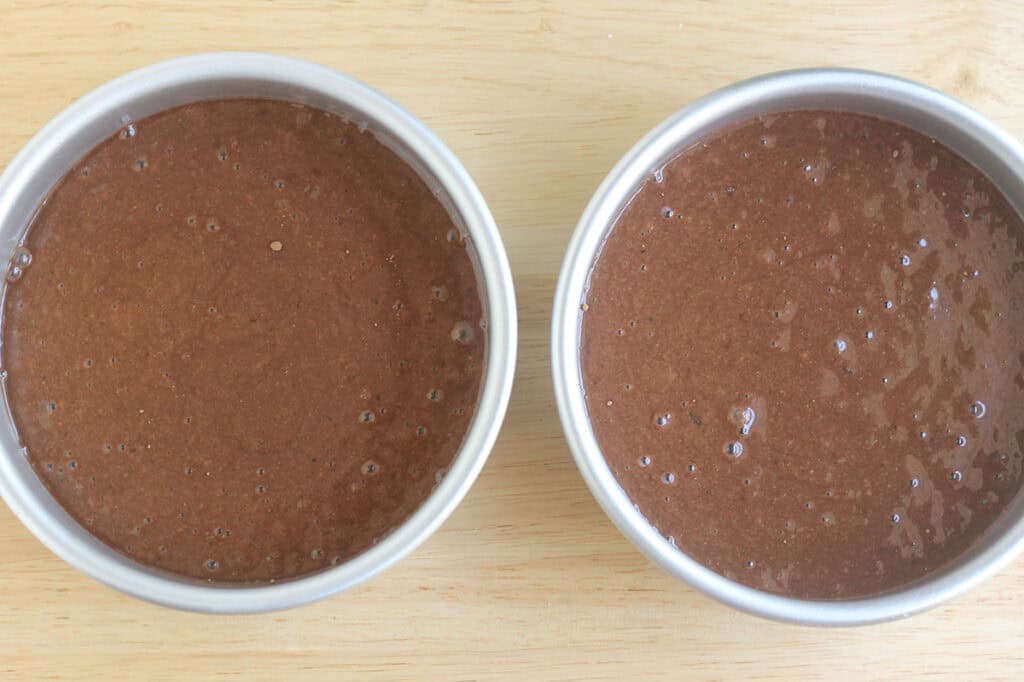 healthy chocolate cake batter in pans.