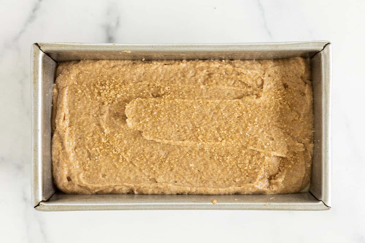 Applesauce bread in pan before baking.