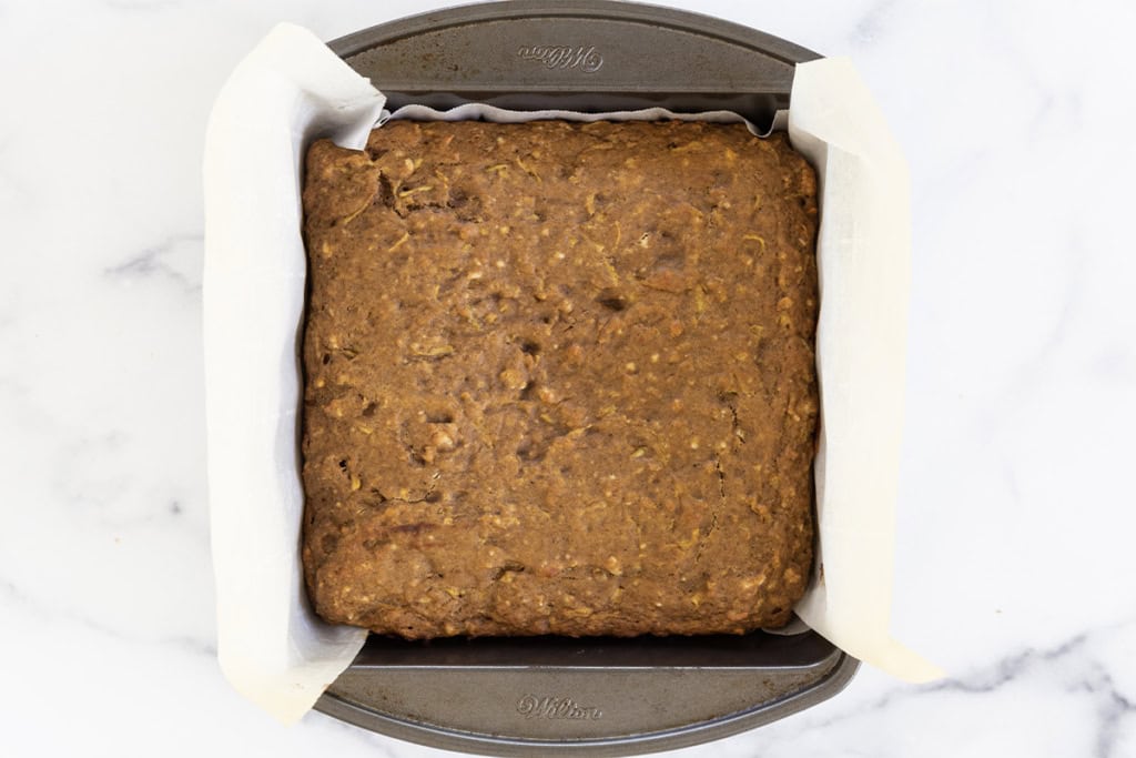 Applesauce cake in pan after baking.