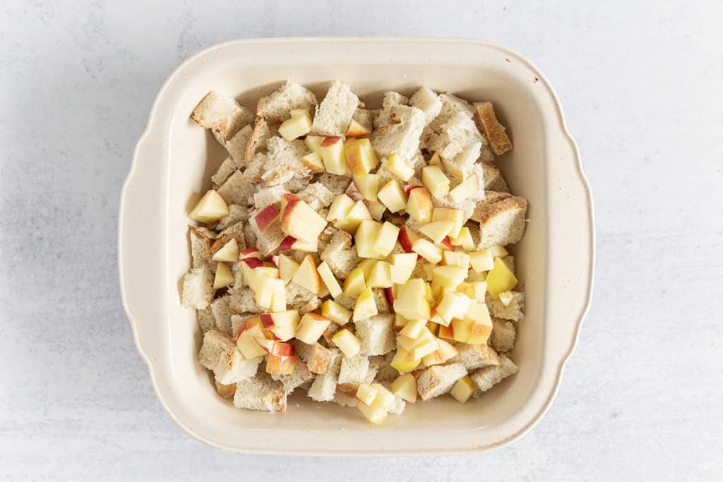 French toast casserole in baking pan before baking.