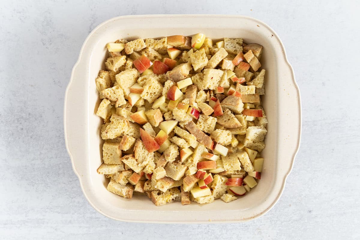 French toast casserole in baking pan before baking.