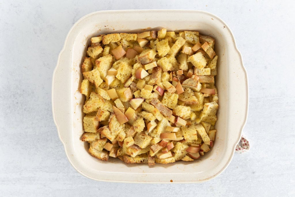 French toast casserole in baking pan after baking.