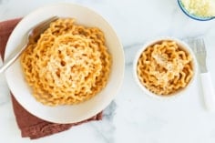 Two bowls with red pepper pasta and forks.