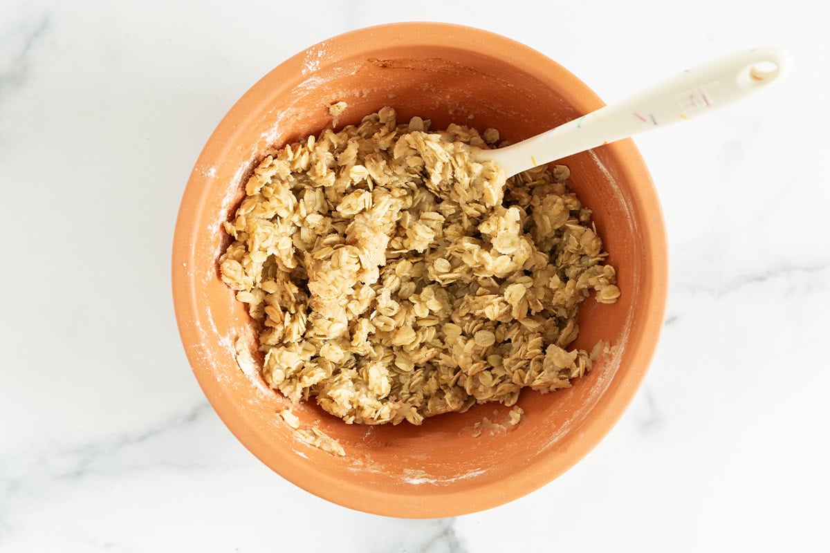 Streusel topping in bowl for apple crisp. 