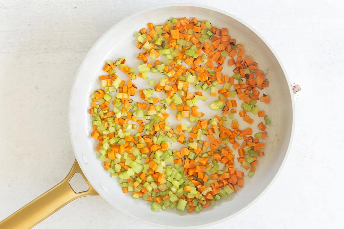 Veggies in pot for turkey noodle soup. 