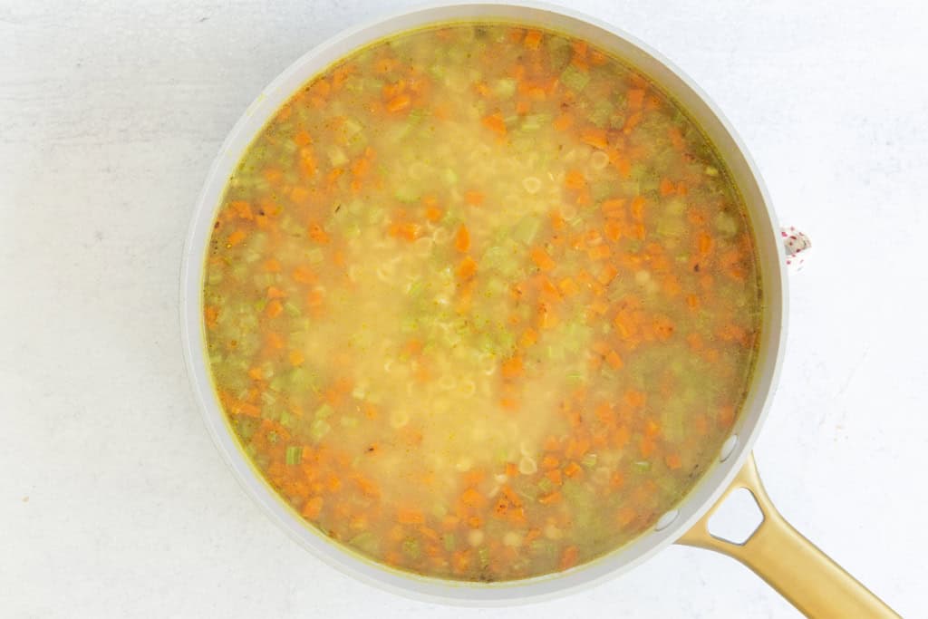 Broth and veggies in pot for turkey noodle soup.