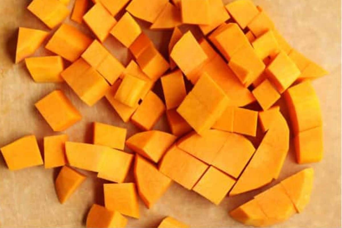 Butternut squash cut into cubes for butternut squash risotto. 