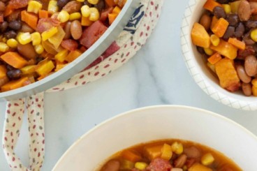 Vegetarian Bean Chili in pot and two bowls.