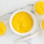 mango puree in bowls on counter.