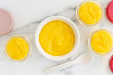 mango puree in bowls on counter.