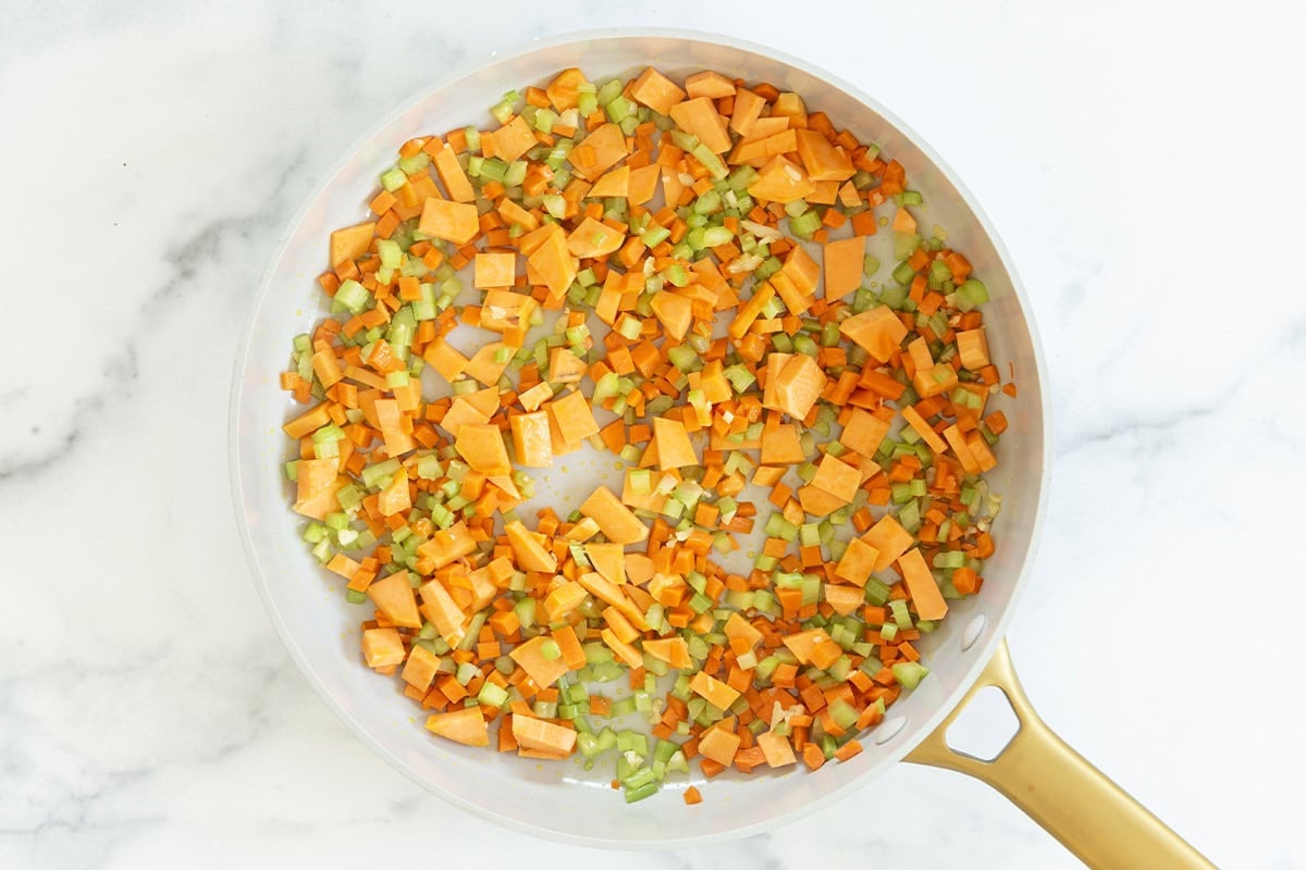 Veggies in pot for lentil soup. 