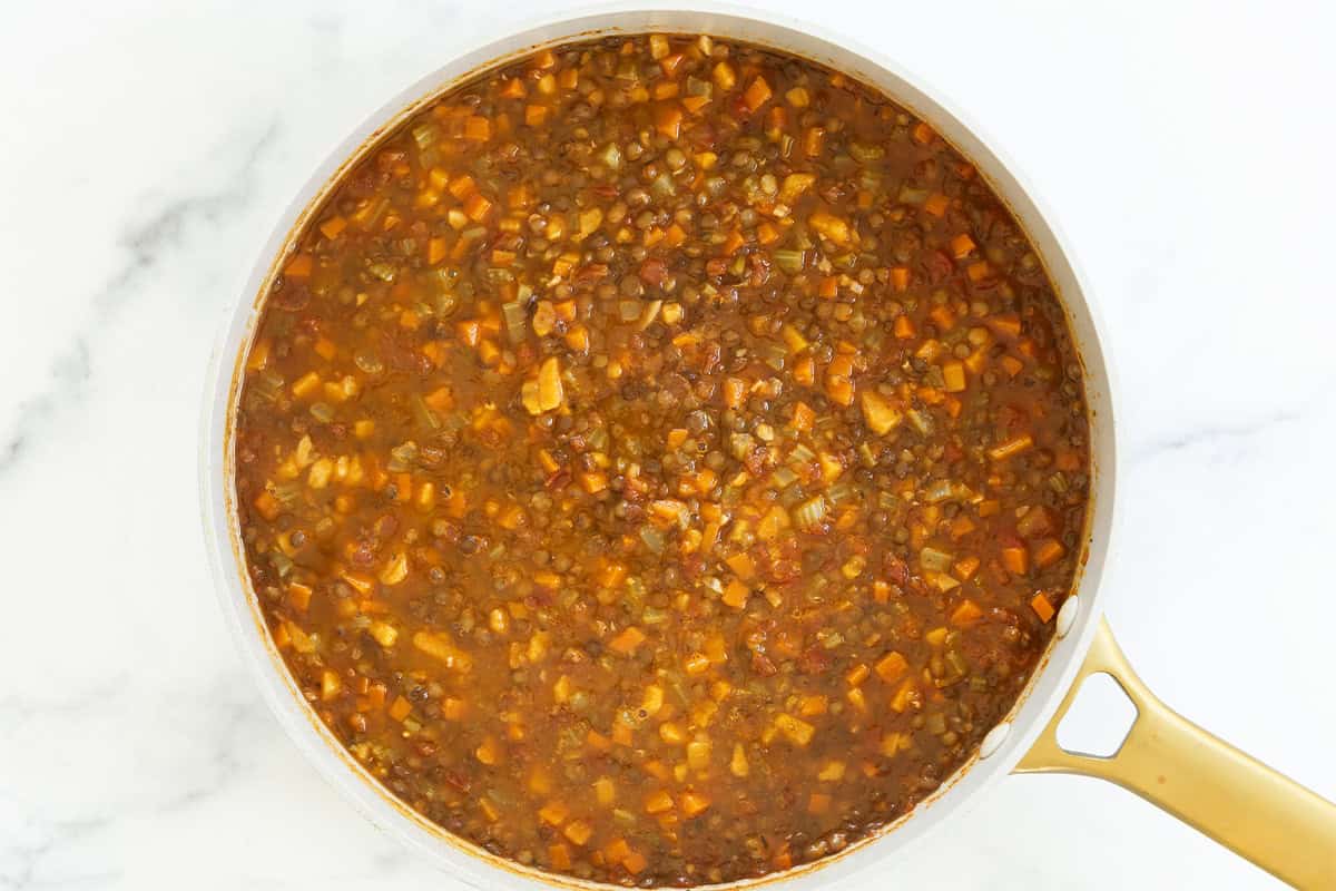 Lentil soup in pot after cooking.