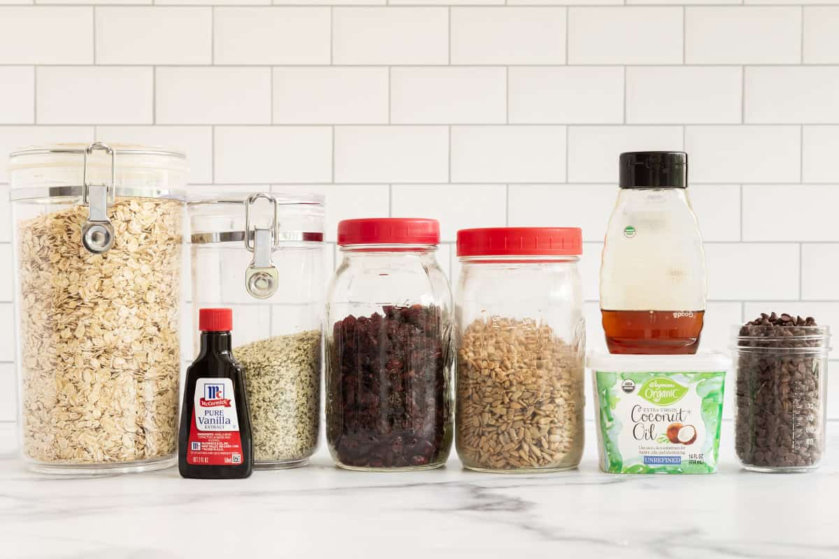 Ingredients for chewy granola bars on countertop.