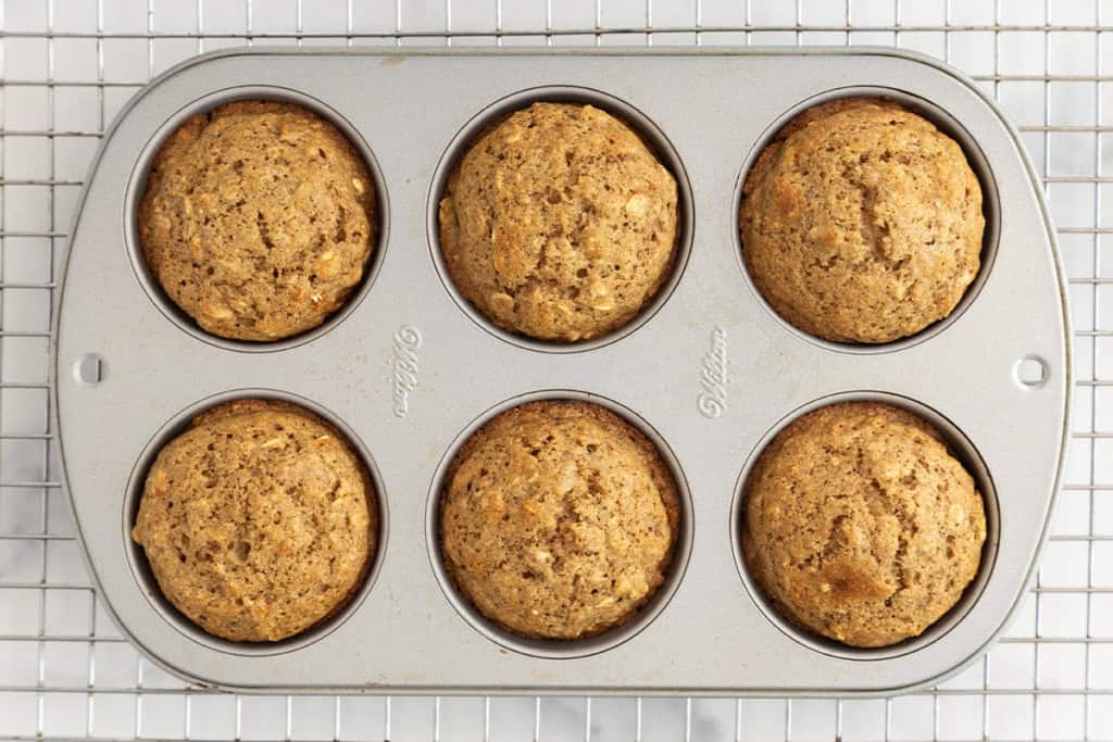 Oatmeal muffins in baking pan after baking.