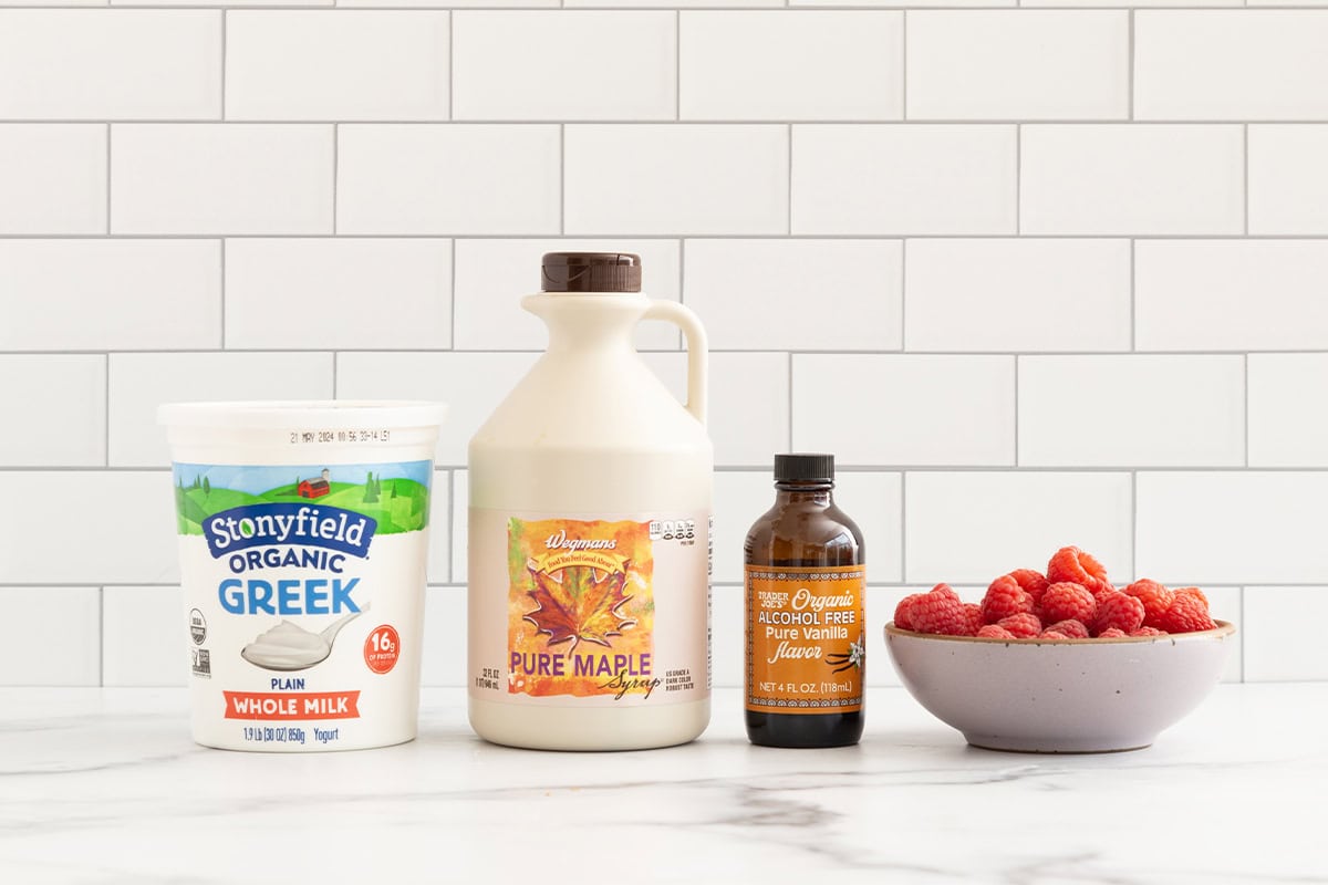 Ingredients for frozen yogurt bites on countertop.