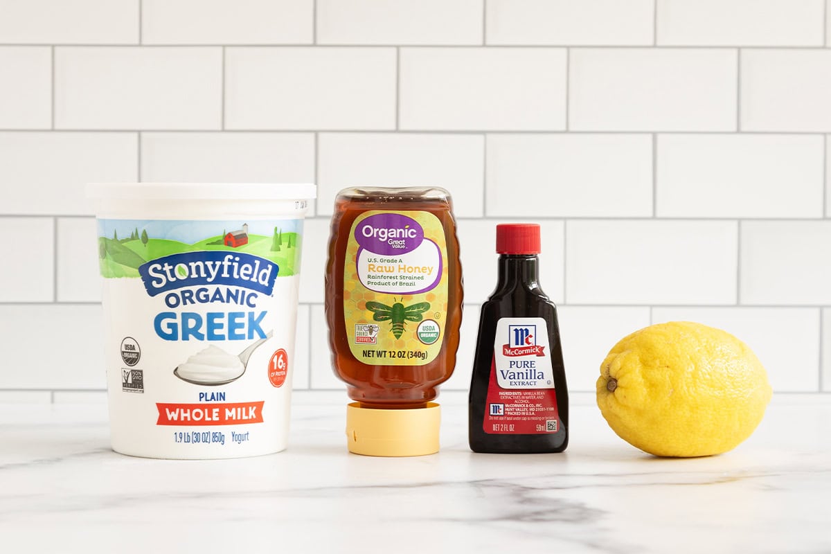 Ingredients for greek frozen yogurt on countertop.