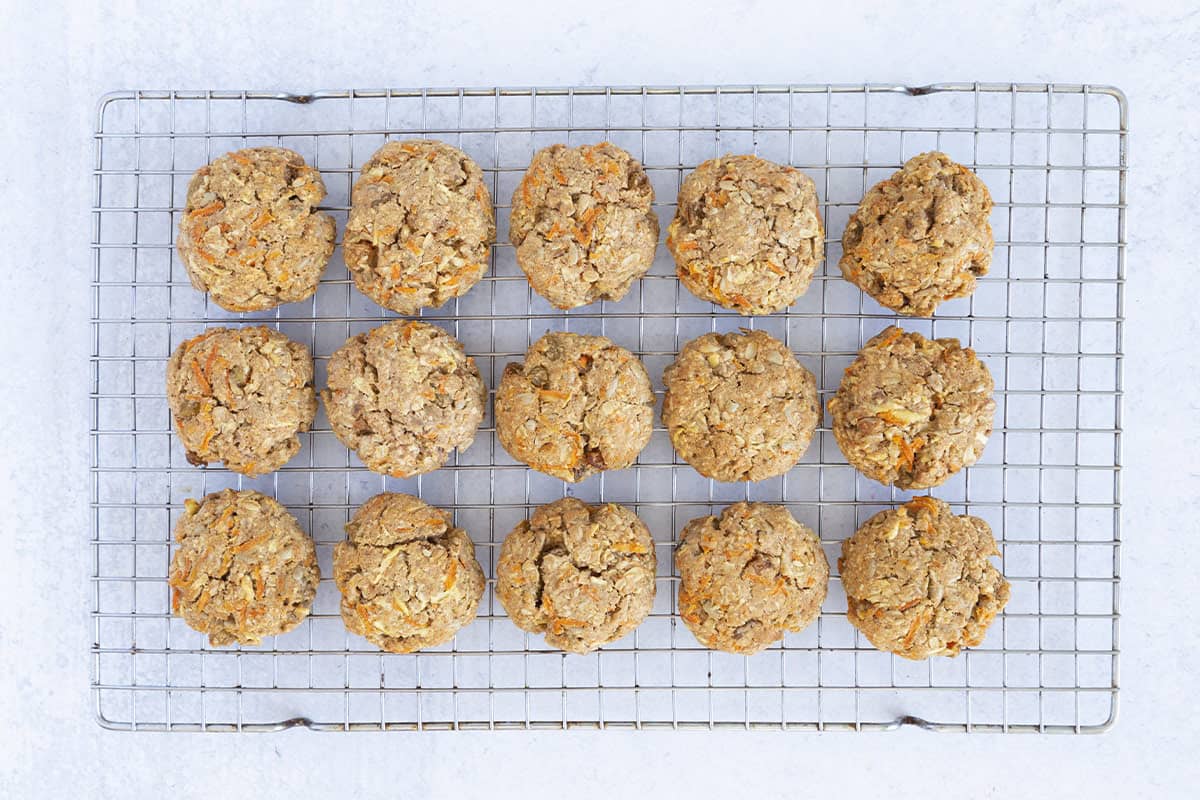baked healthy oatmeal cookies on wire rack.