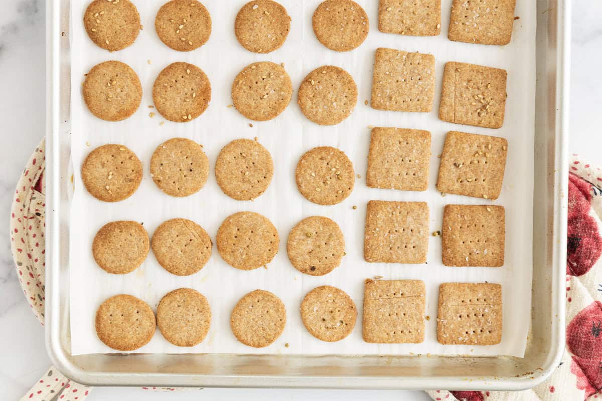 Homemade crackers on baking pan after baking. 