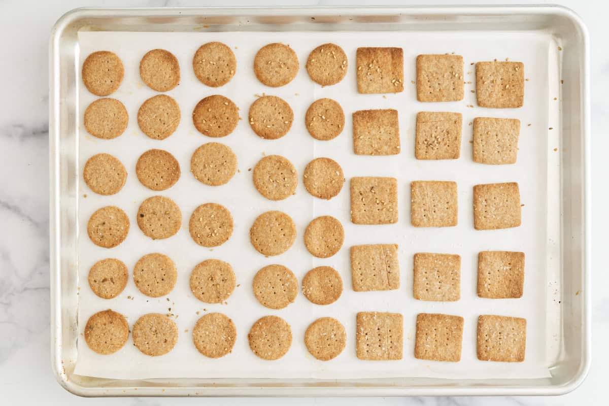 Homemade crackers on baking pan after baking.