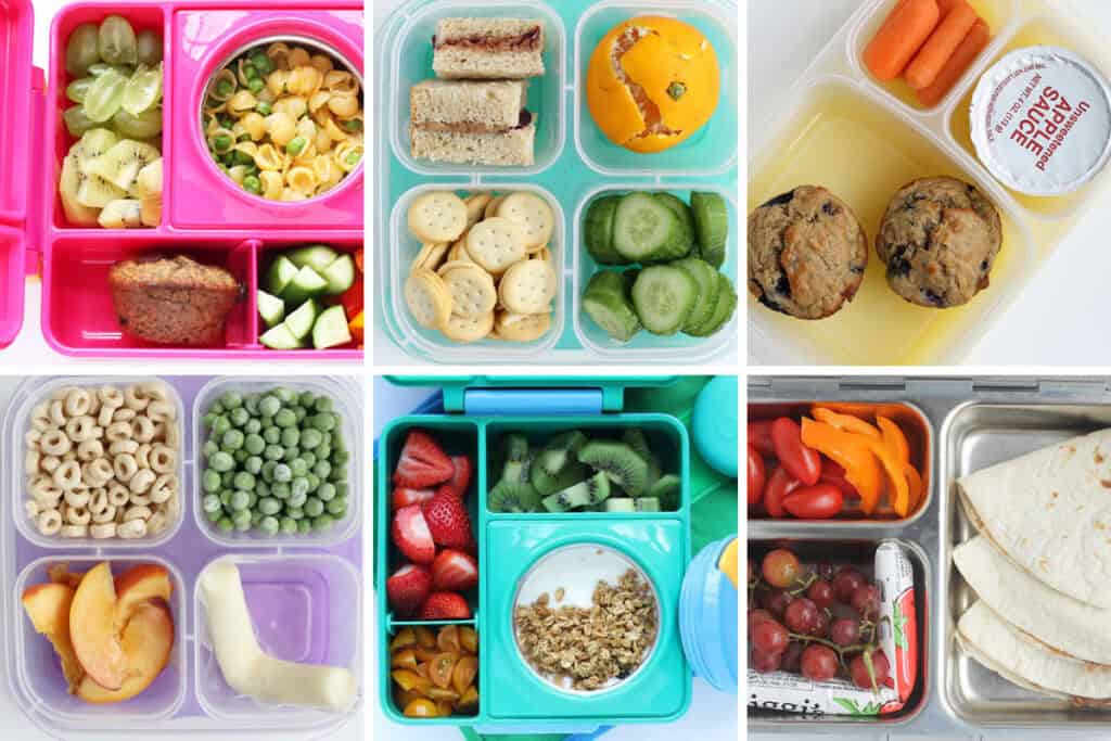 6 school lunches for kindergarten in grid of images.