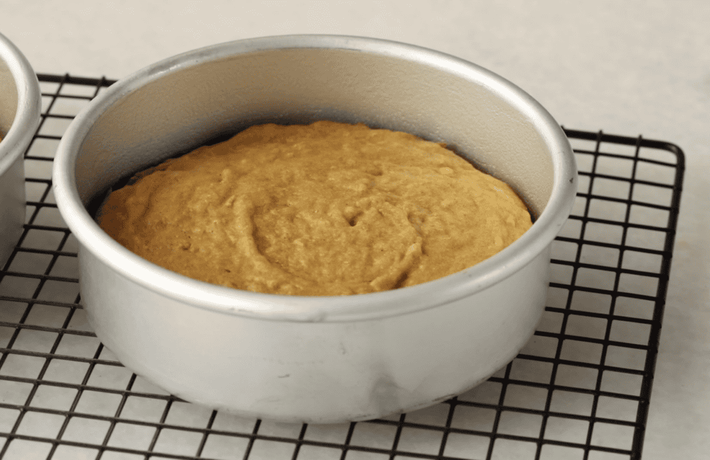 Sweet potato cake in baking pan.