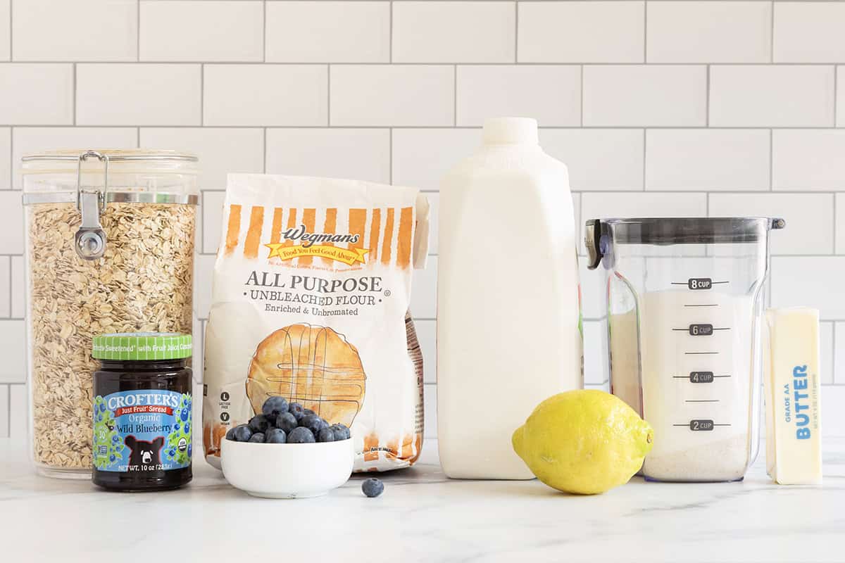 Ingredients for blueberry oatmeal bars on countertop.