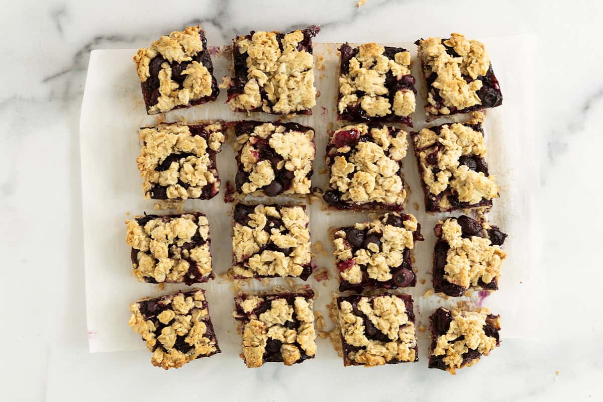 Blueberry oatmeal bars cut into squares. 