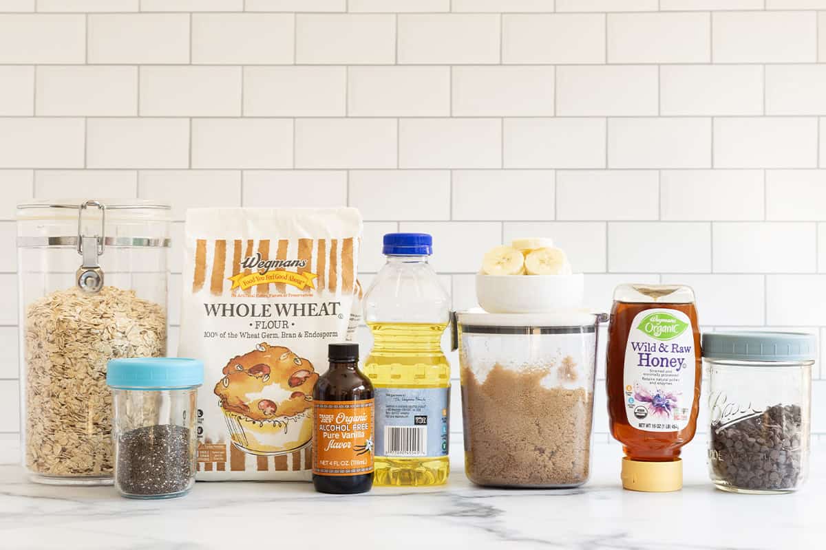 Ingredients for healthy granola bars on countertop.