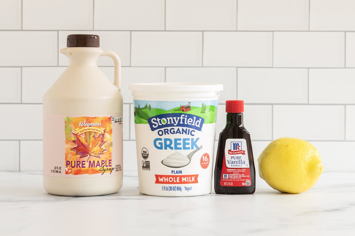 Ingredients for lemon yogurt on countertop.