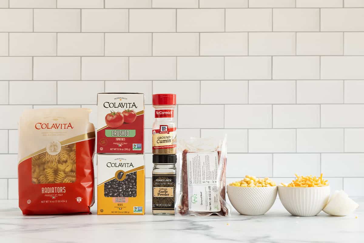 Ingredients for taco pasta on countertop.