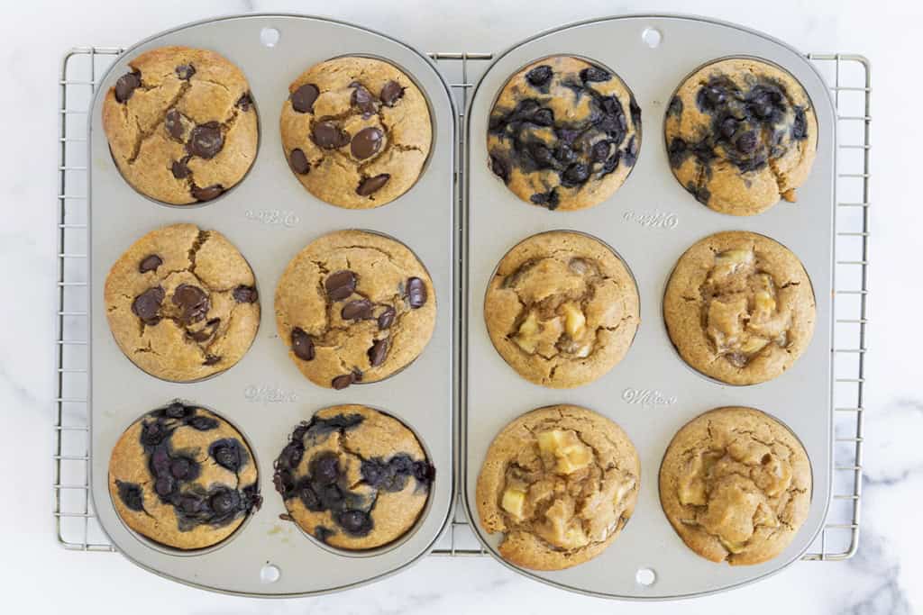 Peanut butter muffins in muffin pan after baking.
