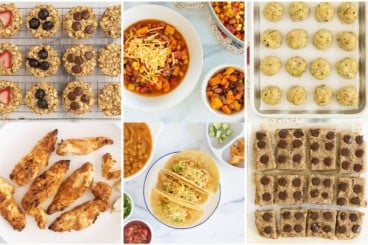 Postpartum Freezer Meals in grid of images.