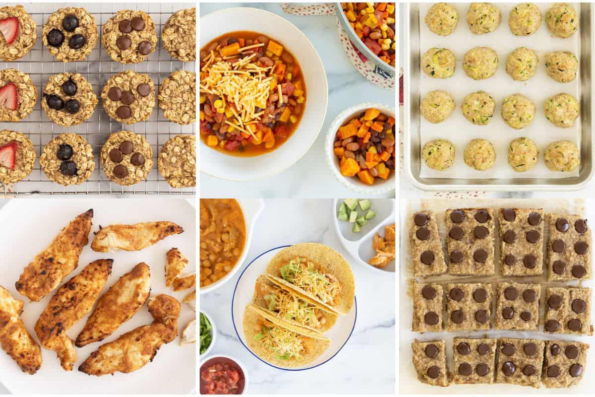 Postpartum Freezer Meals in grid of images. 