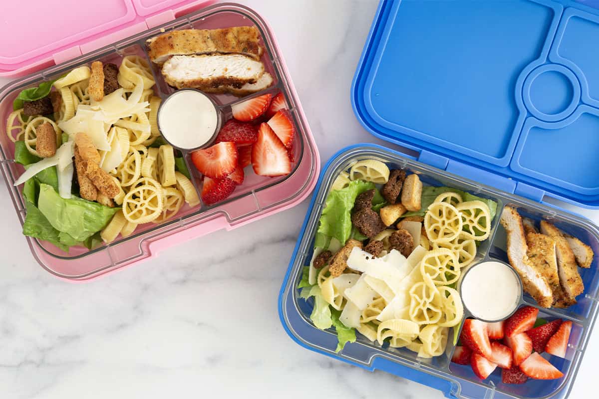 chicken caesar pasta salad in yumbox lunch box.